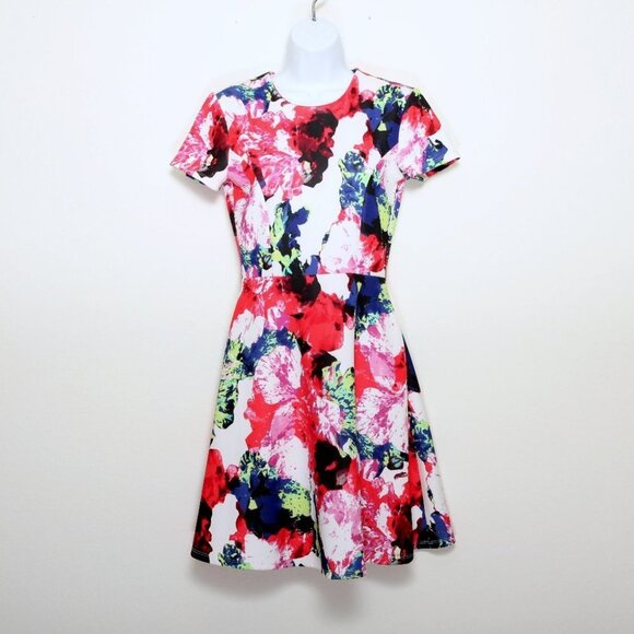Milly x Design Nation Rosabella Fit Flare Floral Short Sleeve Mini Dress Size 2 - Picture 2 of 10